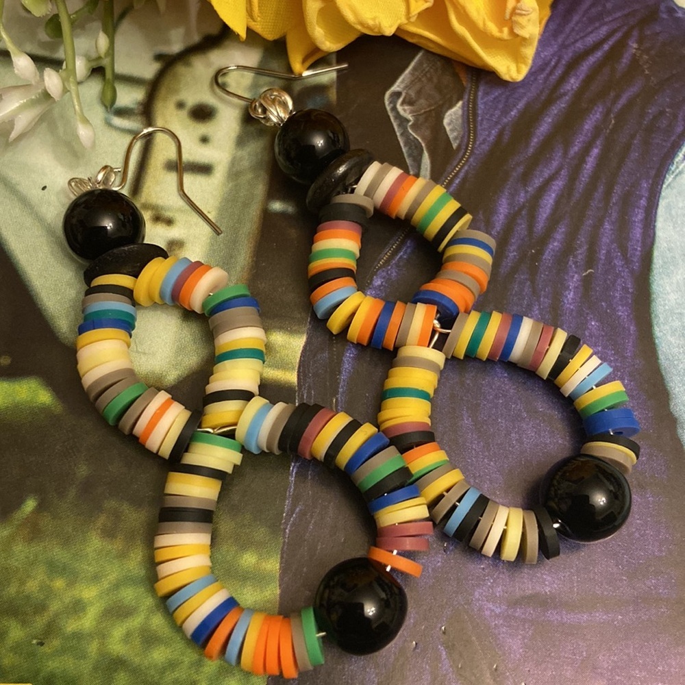 Colorful Figure Eight Infinity Black Onyx & Multicolor Beaded Hoop Earrings.